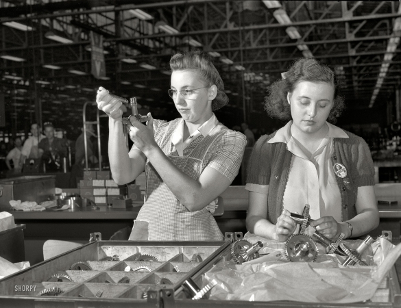 Photo showing: Vital Cogs -- Chicago, July 1942. Production of aircraft engines at Melrose Park Buick plant. 