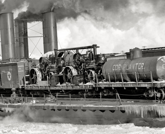 Photo showing: Buffalo-Pitts: 1905 -- Two brand-new Buffalo-Pitts steam tractors on a flatcar aboard the transfer steamer City of Detroit on the Detroit River.