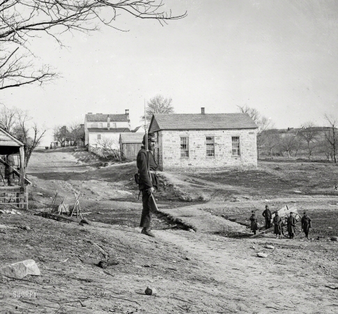 Photo showing: The Old Stone Church -- March 1862. Centreville, Virginia. Stone Church as it appeared between the two battles at Bull Run.