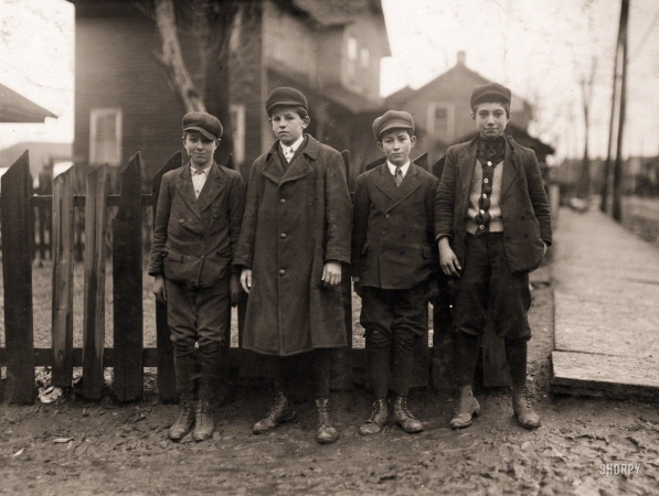 Photo showing: Company Men -- January 1911. Four Breaker Boys working in No. 9 Breaker, Hughestown Borough, Pennsylvania Coal Company.