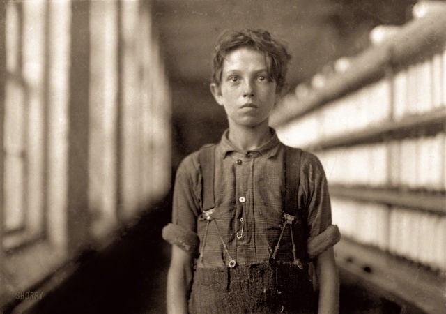 Photo showing: Employee of the Week -- May 1909. Burlington, Vermont. Joseph Beaudoine, a 'back-roper' in the mule room, Chace Cotton Mill.