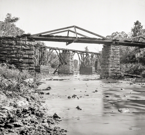 Photo showing: Troubled Waters -- 1864. Railway Bridge across Platt Creek (vicinity of Knoxville, Tenn.)