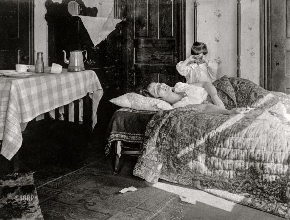 Photo showing: Contagion: 1918 -- November 1918. Her sister had not seen Mrs. Brown for almost a week, and with Mr. Brown
a soldier in France, she became so worried she telephoned the Red Cross Home Service,
which arrived just in time to rescue Mrs. Brown from the clutches of influenza.