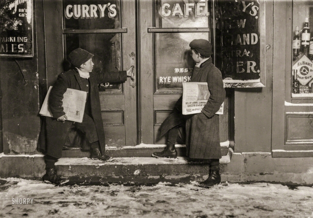 Photo showing: A Double Shot -- March 1909. Hartford, Connecticut. 9:30 P.M. A common case of 'team work.' Smaller boy (Joseph Bishop) goes into saloon ... 