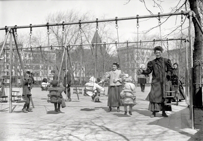 Photo showing: The Swingers -- April 2, 1909. Playground at Hamilton Fish Park, New York.