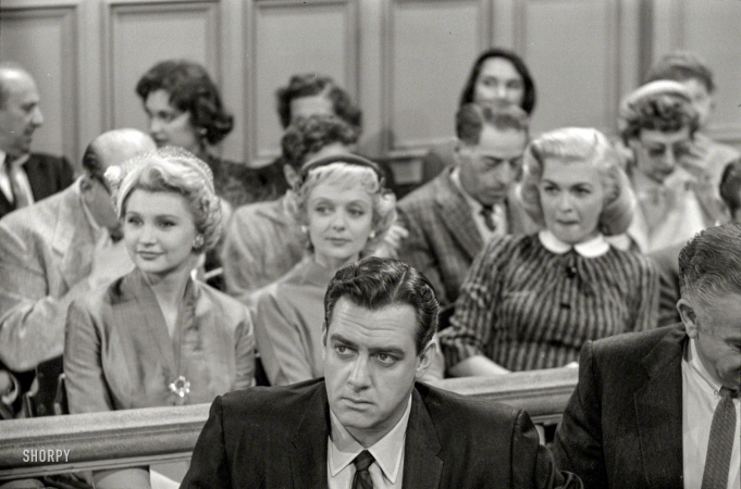 Photo showing: Perry Mason -- April 1958. Actor Raymond Burr filming his television show Perry Mason.