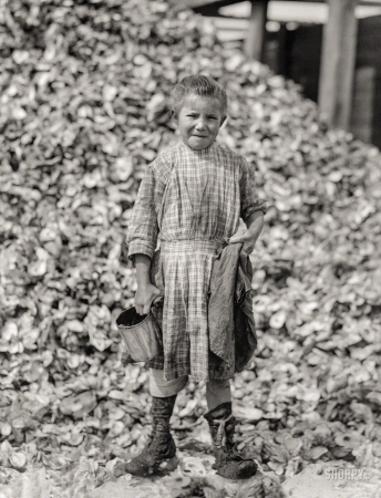 Photo showing: Tiny Shucker -- February 1912. Tiny, a seven-year-old oyster shucker.
Maggioni Canning Co. Port Royal, South Carolina.