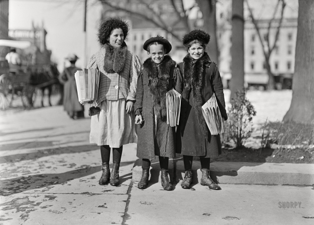 Photo showing: Re-Becca -- March 1909. A trio of Hartford, Connecticut, newsies. Youngest, Yedda Welled,
is 11 years old. Next, Rebecca Cohen, is 12. Next, Rebecca Kirwin, is 14.