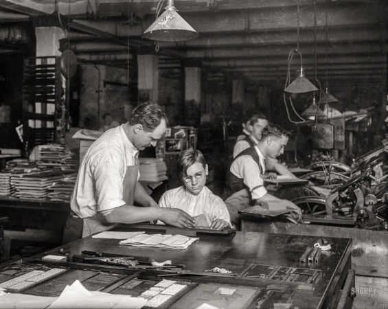 Photo showing: Printers Helper -- February 1917. Horace Lindfors, 14-year-old printer's helper, sizing up leads for Riverside Press, New York.