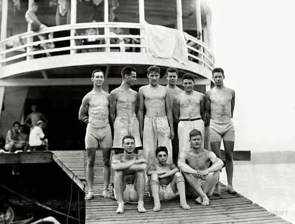 Photo showing: Boys Club -- 1910. Columbia varsity eight-oared crew team at Poughkeepsie boathouse.