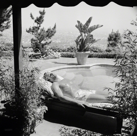 Photo showing: Lex Pool 1948 -- Los Angeles, 1948. Lex Barker regularly suns himself by the
swimming pool of friend's home to acquire, keep legendary Tarzan tan.