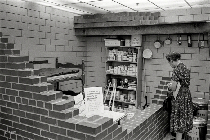 Photo showing: Family Shelter -- Oct. 11, 1961. New York Civil Defense Commission Family Shelter display.