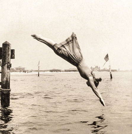 Photo showing: To the Rescue! -- Circa 1892. Woman diving from pier.