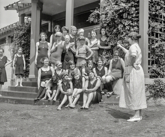 Photo showing: Future Flappers -- Washington, D.C. Girls at Potomac Tidal Basin bathing beach pavilion, 5/28/23.
