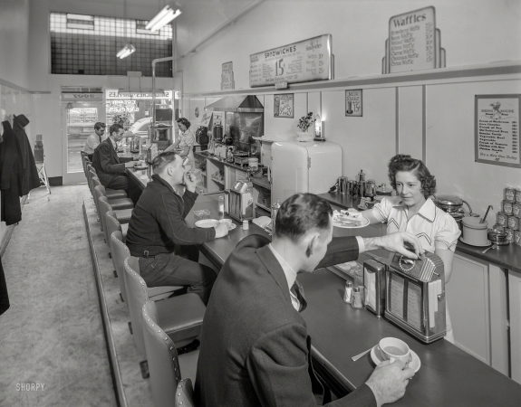 Photo showing: Jacks Sandwich Shop -- The Bay Area circa 1941. Restaurant counter.