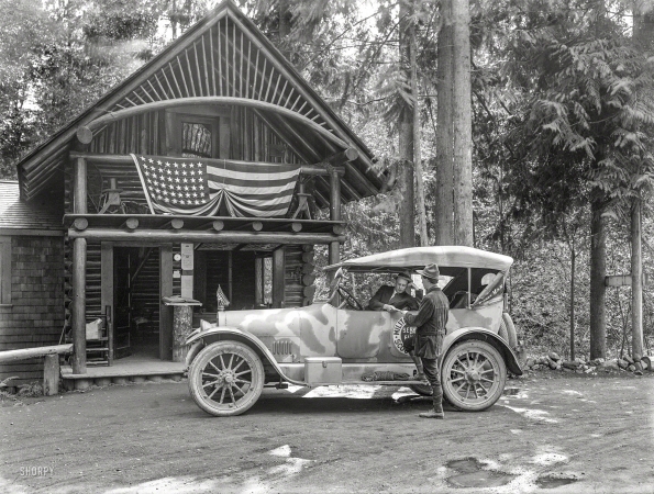 Photo showing: Camo Cabin -- The Pacific Northwest circa 1918. Kissel Military Highway Scout Kar.