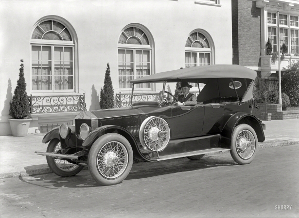 Photo showing: Can You Spare a Spare? -- San Francisco, 1919. Roamer touring car.