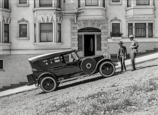 Photo showing: Upwardly Mobile -- San Francisco circa 1923. Studebaker Big Six touring car. At the Vanderbilt Apartments.