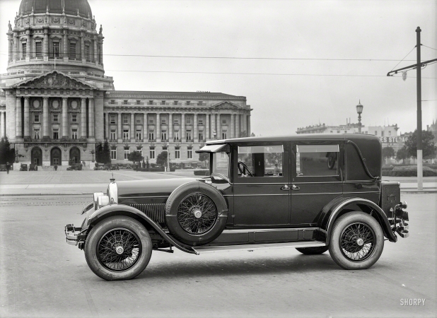 Photo showing: Junior Eight -- San Francisco circa 1926. Locomobile Junior Eight Brougham at City Hall.