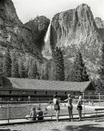 Photo showing: Yosemite Swimmers -- Mariposa County, California, circa 1940. Yosemite Lodge pool and Falls vista.