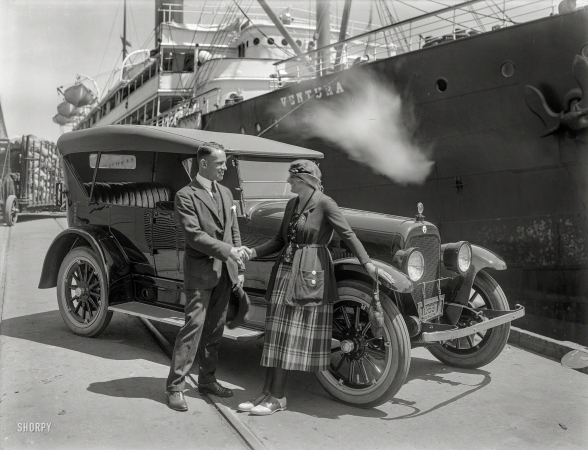 Photo showing: Port Call -- Jordan touring car at San Francisco piers, 1921. The S.S. Ventura at dock.