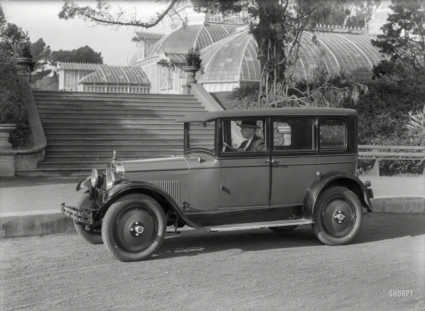 Photo showing: Ajax Six -- San Francisco, 1925. Ajax Six sedan at Golden Gate Park Conservatory.