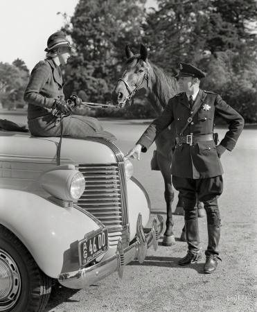 Photo showing: Mounted Patrol -- San Francisco, 1937. Policeman and Pontiac at Golden Gate Park.