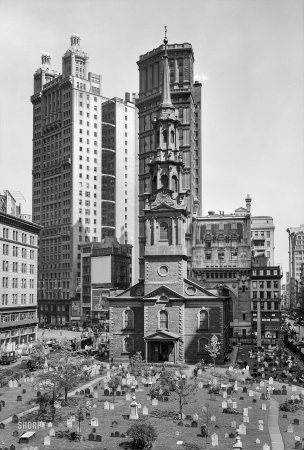 Photo showing: A Higher Power -- March 2, 1937. New York. St. Paul's chapel and churchyard, Broadway and Fulton streets.