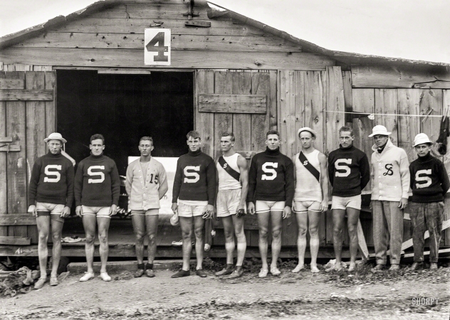 Photo showing: Smart S Rowers -- June 17, 1912. Stanford University varsity crew at Poughkeepsie, N.Y., boat house.