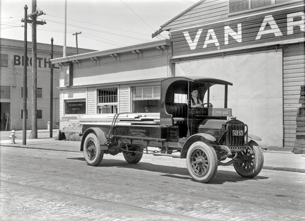 Photo showing: Need Lumber Quick? -- San Francisco in 1920. Federal truck -- Van Arsdale-Harris Lumber Co., Fifth and Brannan.