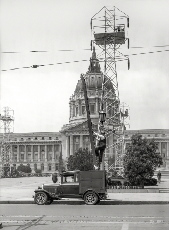 Photo showing: Lights Up -- San Francisco circa 1929. Dodge Brothers truck at City Hall.