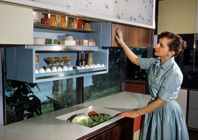 Photo showing: Future Fridge -- 1959. Anne Anderson in Whirlpool 'Miracle Kitchen of the Future,' a display at the American National Exhibition in Moscow.