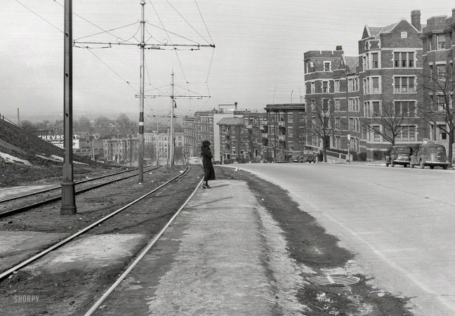 Photo showing: The Lady in Black -- Boston, 1938. Brighton street scene, from the hill. Commonwealth Avenue at Summit Avenue.