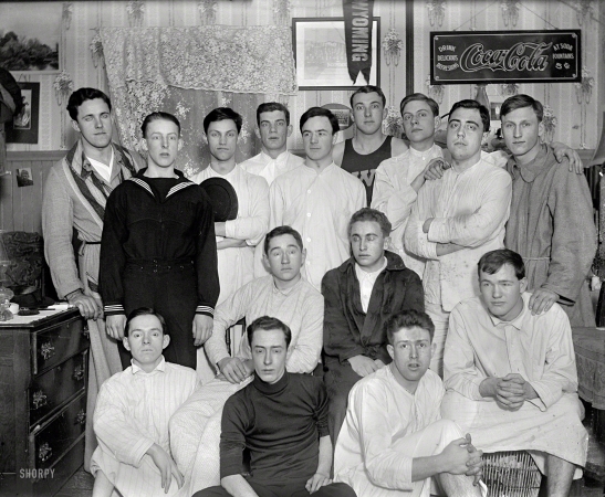 Photo showing: Bedtime Bros -- From the early 1900s comes this nightshirted posse of college men, possibly in Wyoming.