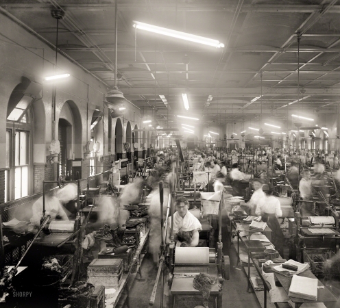 Photo showing: Making Money -- Washington, D.C., circa 1912. Employees at printing presses, Bureau of Engraving and Printing.