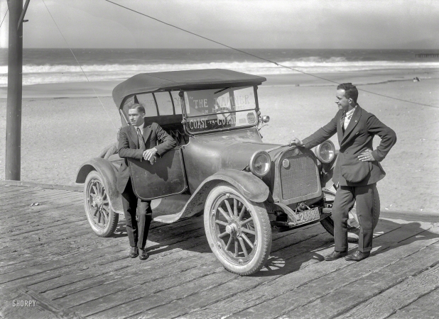 Photo showing: The Damner -- The Bay Area in 1920. Dodge auto on boardwalk. 'The Damner' on Miller Tires Coast-to-Coast.