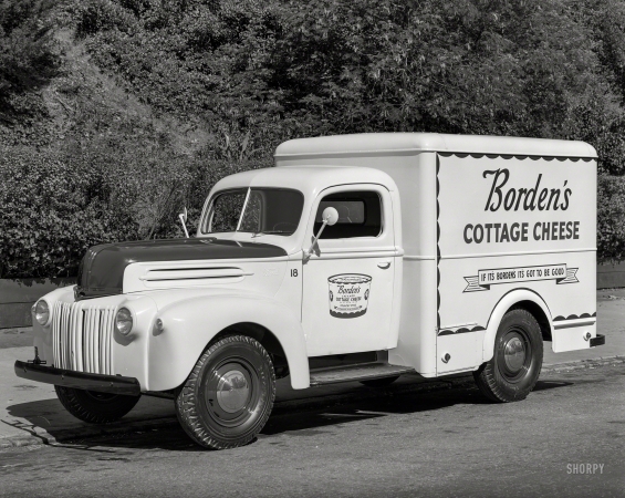 Photo showing: Chariots of Cheese -- August 9, 1947. San Francisco. Ford dairy van -- Borden's Cottage Cheese.