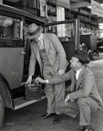 Photo showing: Extra Power -- San Francisco, 1934. Firestone battery service.