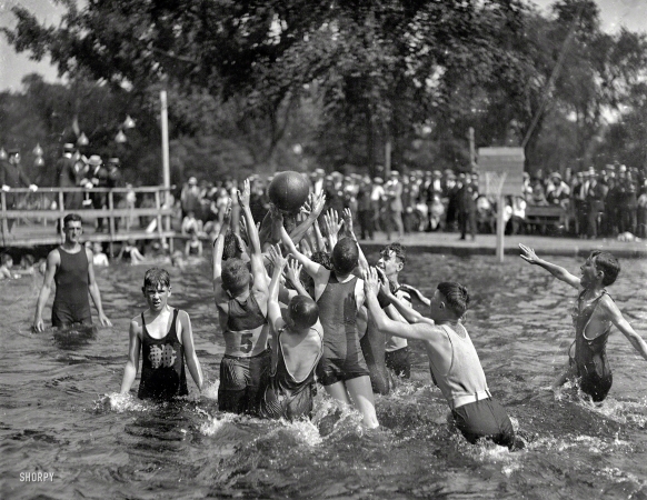 Photo showing: Tadpoles vs. Polliwogs -- Boston Common circa 1920. Boys playing water basketball in Frog Pond.