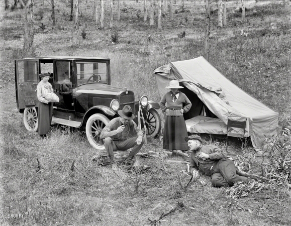 Photo showing: To Build a Fire -- Northern California circa 1920. Briscoe auto at campsite.