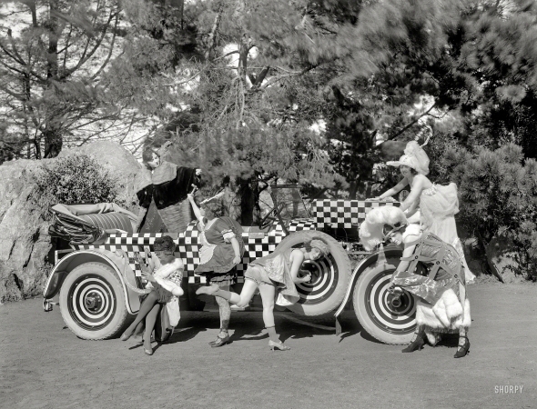Photo showing: Comedy of Motors -- San Francisco circa 1925. Cunningham auto and chorus girls.