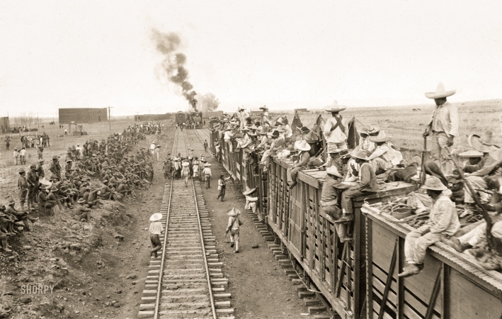Photo showing: Donde Esta Pancho? -- June 10, 1916. Carranza and U.S. troops use trains in search
for Pancho Villa -- Mexican-U.S. campaign after Villa, 1916. 