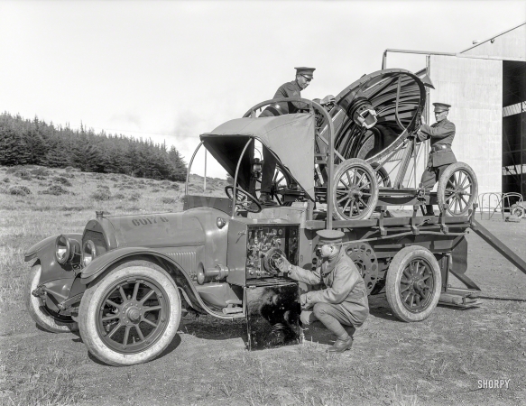 Photo showing: Army Cadillac -- San Francisco circa 1922. Army car with carriage-mounted searchlight.
A military-grade Cadillac at the Presidio next to an aircraft hangar.