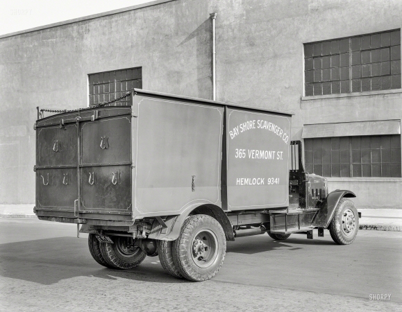 Photo showing: Scavenger Truck -- October 1933. Kleiber motor truck -- Bay Shore Scavenger Co.