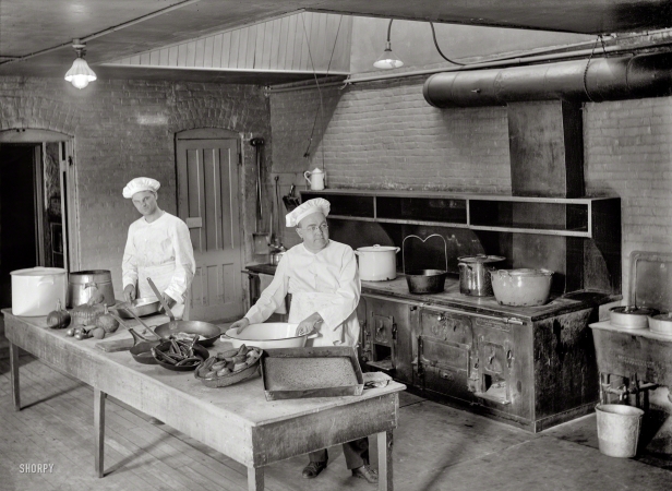 Photo showing: Top Chefs -- Circa 1910. Cooks in kitchen.