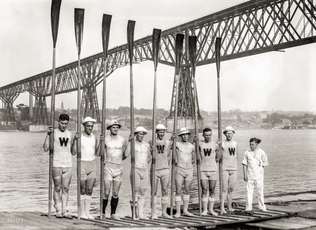 Photo showing: A Row of Rowers -- June 1914. Wisconsin varsity crew on the Hudson. Heyday of the Poughkeepsie Regatta.
