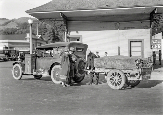 Photo showing: Getting Hitched -- Mill Valley, Calif., circa 1925. Nash touring car with trailer.