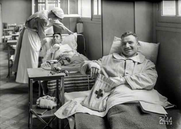 Photo showing: Resting Comfortably -- June 14, 1918. Red Cross comfort bag in the American Military Hospital No. 1 at Neuilly, France. 