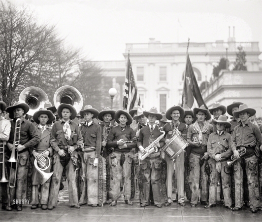 Photo showing: Cowboy Band -- March 5, 1929. Cowboy Band serenades President and Mrs. Hoover at White House following Inauguration.