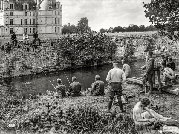Photo showing: A Happy Time -- September 1918. Shell Shock patients having a happy time under the walls of the Chateau Chambord near Blois.